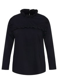 Haut noir à manches longues avec un col haut orné de volants et une bande froncée sur la poitrine, fabriqué en tissu lisse.