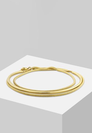 Goldene Metallkette mit zwei verflochtenen Strängen; einer hat eine glatte Oberfläche, während der andere eine feine gerippte Textur aufweist.