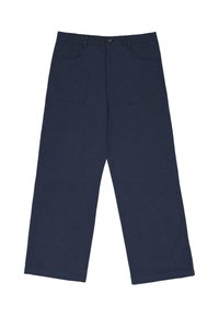 Navy blue wide-leg pants with high waist, front patch pockets, belt loops, and single button closure.