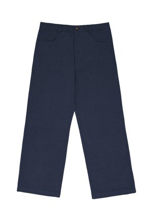 Navy blue wide-leg pants with high waist, front patch pockets, belt loops, and single button closure.