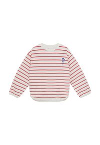 Rot-weißer gestreifter Sweatshirt mit langen Ärmeln, Rundhalsausschnitt und einer kleinen blauen Blumenstickerei auf der linken Brust. Weiches Material.