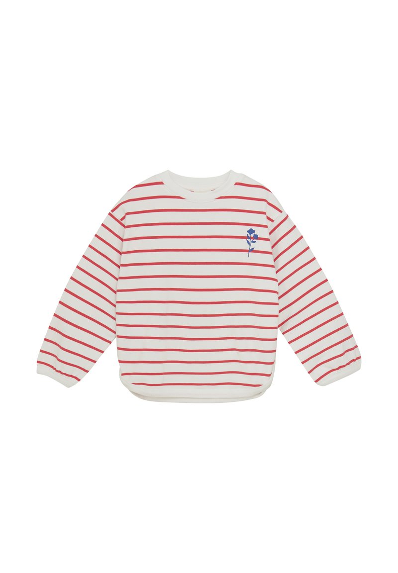 Rot-weißer gestreifter Sweatshirt mit langen Ärmeln, Rundhalsausschnitt und einer kleinen blauen Blumenstickerei auf der linken Brust. Weiches Material.