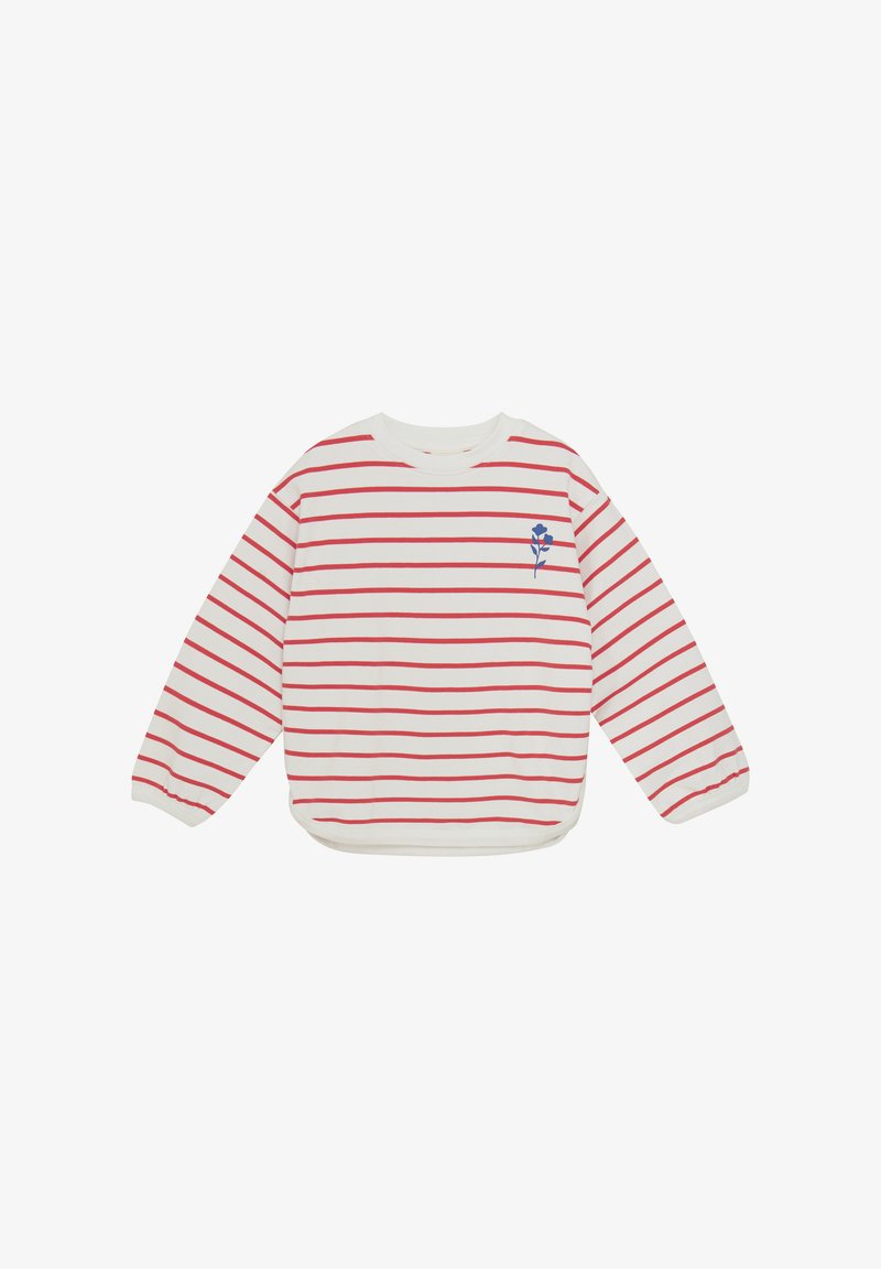 Sweat-shirt rayé rouge et blanc avec des manches longues, un col rond et une petite broderie florale bleue sur la poitrine gauche. Matériau doux.