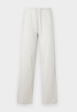 Lysegrå joggingbukser med elastisk taljebånd og snor, lige ben, vist fladt mod en hvid baggrund.