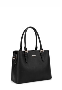 Borsa a tracolla in pelle nera a grana con doppi manici, dettagli in metallo dorato e logo del marchio sul davanti. Forma strutturata e finitura testurizzata.