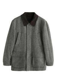 Pelēks zīda raksta mētelis ar tumši brūnu zamša apkakli, tam ir divas priekšējās kabatas un brīva silueta dizains.