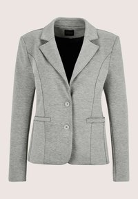 Lichtgrijze damesblazer met lange mouwen, twee knopen, notched revers en twee voorzakken met klep, gestyled voor formele gelegenheid.
