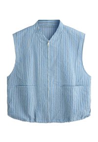 Veste sans manches rayée verticalement bleu et blanc avec fermeture éclair à l'avant et col arrondi sur fond blanc.