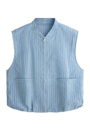 Modro-biela vertikálne pruhovaná vesta bez rukávov s predným zipsom a zaokrúhleným golierom na bielom pozadí.