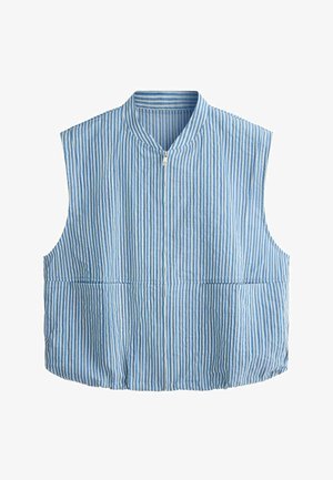 Modro-biela vertikálne pruhovaná vesta bez rukávov s predným zipsom a zaokrúhleným golierom na bielom pozadí.