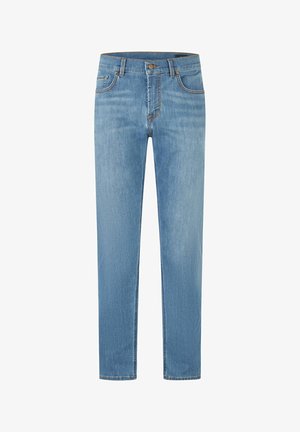 Jean en denim bleu clair avec bouton frontal, braguette zippée, cinq poches et coupe droite sur fond blanc.