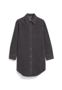 Grau langärmliges Hemd aus Baumwolle mit Knopfverschluss, spitzem Kragen, Brusttasche und abgerundetem Saum. Weiche Textur mit sichtbaren Nähten.