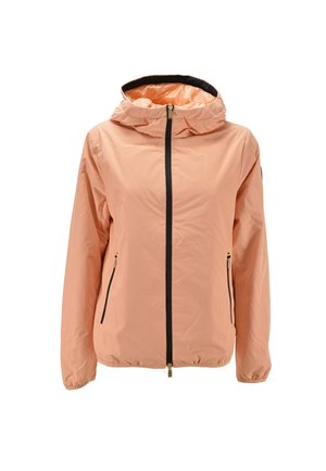 Giacca con cappuccio color pesca chiaro con cerniera frontale e due tasche laterali con zip, mostrata su sfondo bianco.