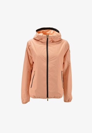 Giacca con cappuccio color pesca chiaro con cerniera frontale e due tasche laterali con zip, mostrata su sfondo bianco.