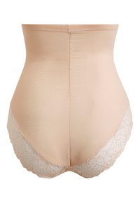 Beige Shapewear mit hoher Taille, das einen glatten Körper und Spitzenrand am unteren Ende aufweist. Weicher Stoff mit nahtlosem Design.