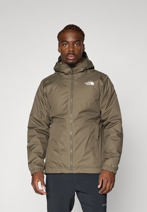 Olive green waterproof jacket with a hood, front zipper closure, elastic cuffs, and logo on the left chest. Textured fabric.
