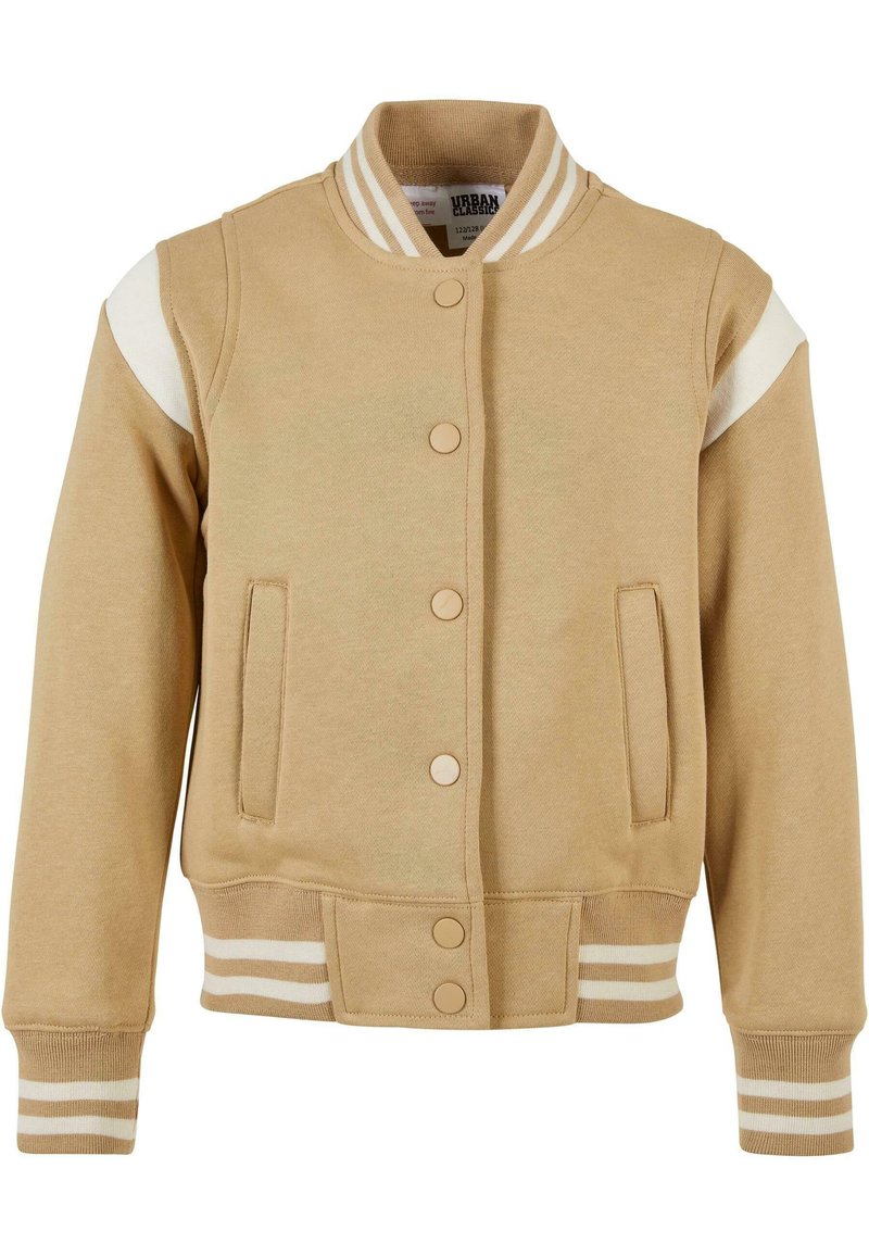 Tan bomberjakke med et sporty design. Har hvide striber på mansjetter og krave, trykknapper og to frontlommer. Blød stoftekstur.