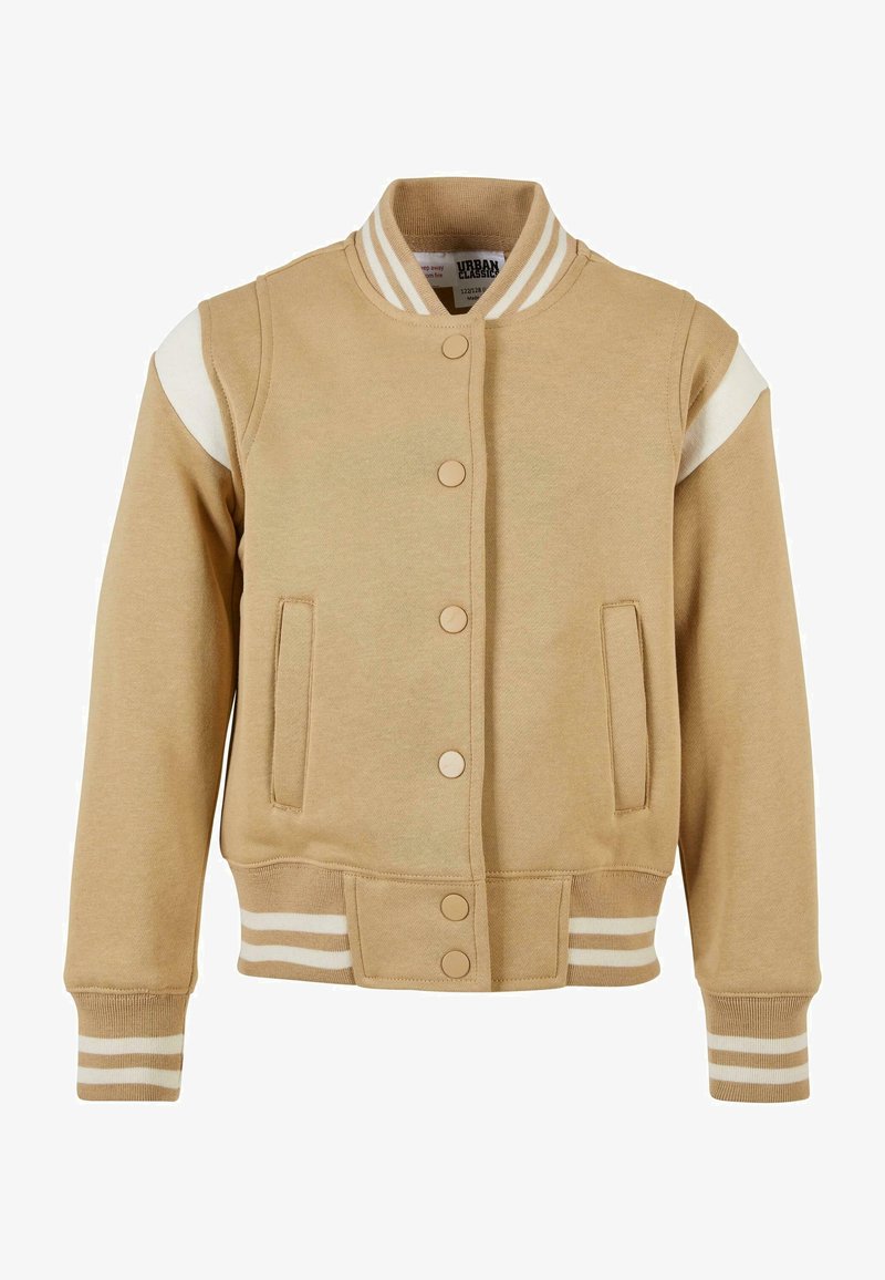 Tan bomber jacket with a sporty design. Features white-striped cuffs and collar, snap buttons, and two front pockets. Soft fabric texture.