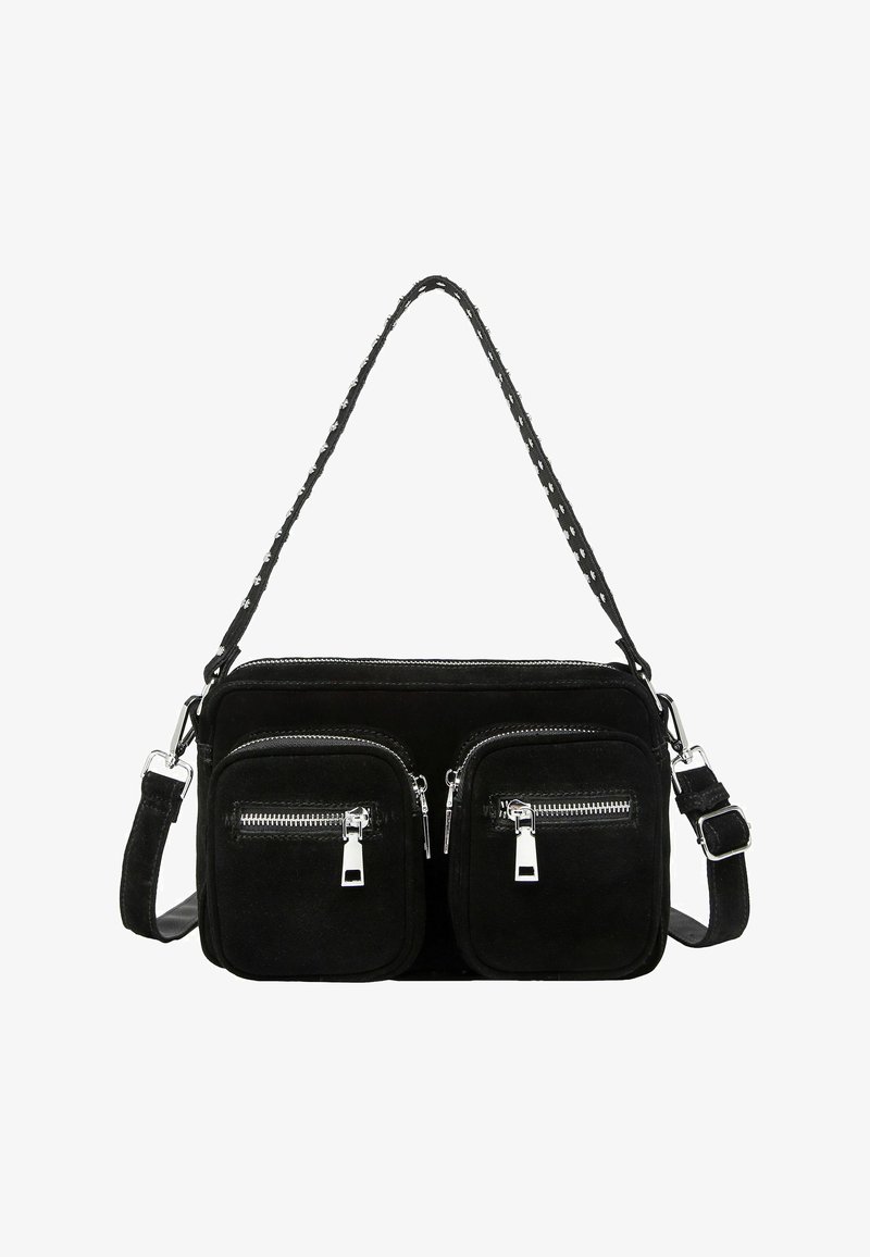 Sac bandoulière rectangulaire noir avec deux poches avant zippées et bandoulière réglable avec détail de couture blanche.
