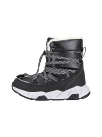 Schwarzer wasserdichter Stiefel mit einer weißen Laufsohle, weicher Innenausstattung und strukturierten grauen sowie schwarzen Schnürsenkeln mit mehreren Einstellungsmöglichkeiten.