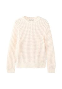 Pull rose clair en maille avec un motif gaufré texturé. Encolure ronde, manches longues, poignets et ourlet côtelés.