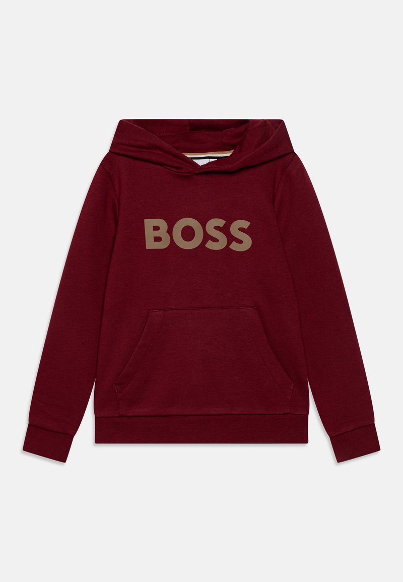 Sudadera burdeos con un bolsillo canguro y un gran logo beige de "BOSS" en el frente. Presenta una capucha con cordón y puños acanalados.
