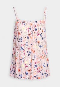 Robe rose sans manches avec fines bretelles et motif floral en bleu, orange, violet et vert sur fond clair.