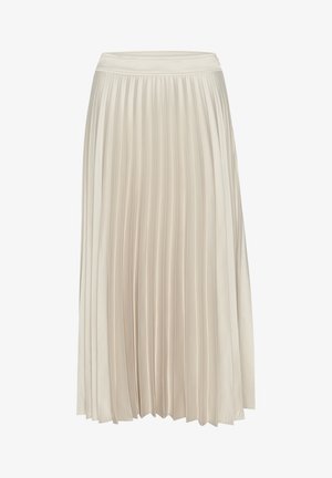 Faltender Midirock in Hellbeige, aus einem glatten, weichen Stoff gefertigt. Verfügt über einen taillierten Bund und ein fließendes Design.