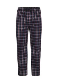 Pantalones de pijama de cuadros en navy, rojo y blanco. Presentan una cinturilla elástica con cordón y un cierre de botón en la parte delantera. Tela ligera.