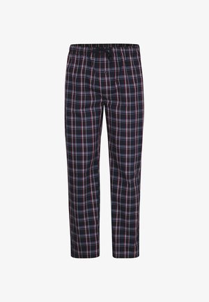 Pantaloni da pigiama a quadri in blu navy, rosso e bianco. Presentano una vita elasticizzata con un cordoncino e una chiusura con un singolo bottone frontale. Tessuto leggero.