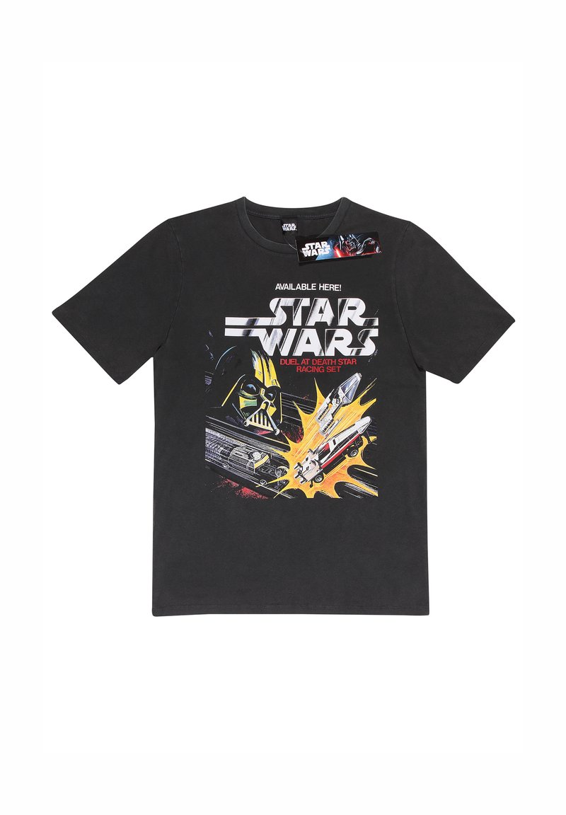 Sort bomulds T-shirt med et grafik af Darth Vader og et rumskib med farverige eksplosioner og "STAR WARS" tekst i fed skrift.