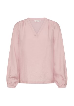 Rózsaszín hosszú ujjú blúz V-nyakkal és vállnál ráncolt részletekkel, enyhén gyűrött textúrával és rugalmas mandzsettákkal.