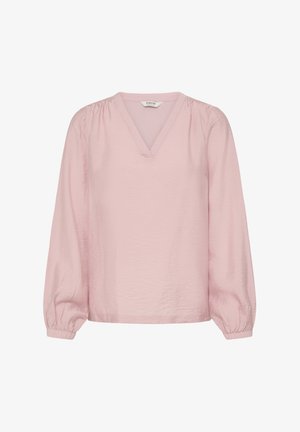 Roosa pika varrukaga pluus V-kaelusega ja õlgadel kokku kogutud detailidega, millel on veidi kortsus tekstuur ja elastsed mansetid.