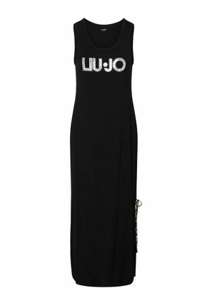 Schwarzes ärmelloses Maxikleid mit Rundhalsausschnitt, silbernem "LIU·JO" Nieten-Logo auf der Brust und Detail mit Leopardenmuster-Seitenbindung.