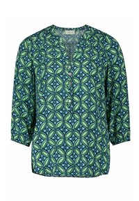 Blouse à motifs verts et bleus avec un col en V, des manches trois-quarts et des boutons sur le devant. Tissu lisse avec un imprimé géométrique.