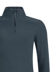 Pullover in pile grigio scuro con mezzo zip anteriore, colletto alto e logo "protest" discreto sul petto e sulla patta della zip.