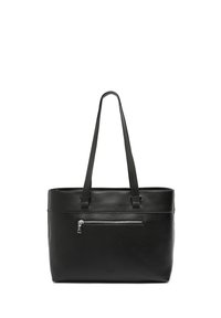 Czarna skórzana torba tote z dwoma mocnymi uchwytami, zapinaną na zamek przednią kieszenią i gładką fakturą. Prostokątny kształt z czystymi liniami.