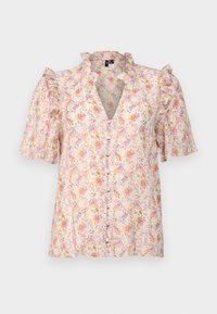 Blusa a fantasia floreale con maniche a sbuffo e scollatura a V, caratterizzata da una chiusura con bottoni e un tessuto leggero nei toni del rosa, viola e crema.