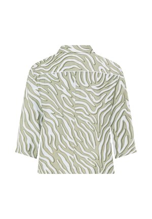 Rückansicht eines langärmeligen Hemdes mit einem hellgrünen und weißen abstrakten Zebra-Streifenmuster und einem geraden Kragen.