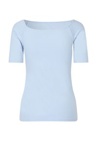 Lichtblauw top met korte mouwen, een brede, ronde halslijn, een slim fit en zachte, gladde stof. Geen zichtbare patronen of accenten.