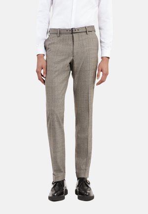 Graue kariert Slim-Fit-Hosen aus leichtem Stoff, mit einem Gürtel, Seitentaschen und glatter Textur.