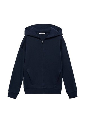 Veste à capuche zippée bleu marine avec fermeture éclair à l'avant, grande capuche et poches latérales. Fabriquée dans un matériau doux avec une coupe décontractée et un design minimal.