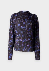 Black sheer blouse with colorful floral print, long sleeves, collar, and decorative buttons on the shoulder. Soft, lightweight fabric.