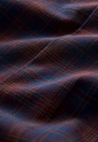 Tkanina iz tkanega tartana z mornarsko modro in bordo barvo ter tankimi rumenimi in zelenimi črtami. Rahlo teksturirana, z vidnimi gubi.