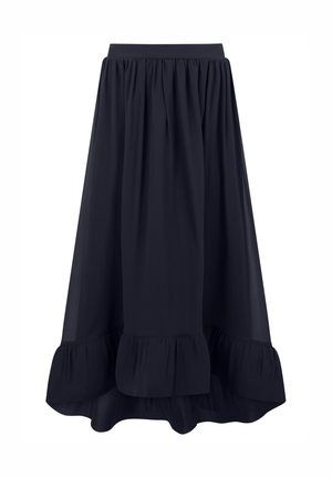 Schwarzer Midirock mit gerafftem Bund und Rüschensaum, fließende A-Linien-Silhouette.