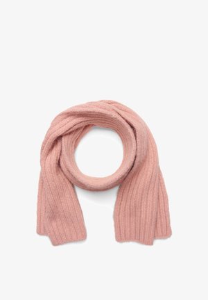 Sciarpa rosa lavorata a maglia con una texture a coste, caratterizzata da fibre morbide e una forma circolare. Le estremità sono dritte e leggermente sfilacciate.