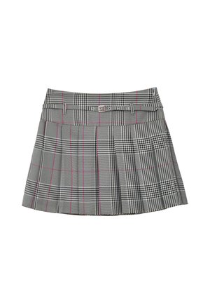 Grauer Karorock mit rosa Akzenten, plissiertem Design, einem Bund mit Gürtelschlaufen und einem silbernen Schnallenverschluss an der Vorderseite.