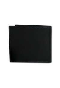 Zwarte leren portemonnee met een gestructureerde afwerking, bi-fold ontwerp en contrasterende stiksels langs de randen. Compact rechthoekige vorm.