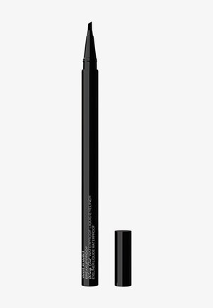 Black waterproof liquid eyeliner pen with a fine angled tip, featuring a smooth cap and sleek body, labeled with product details in white text.
