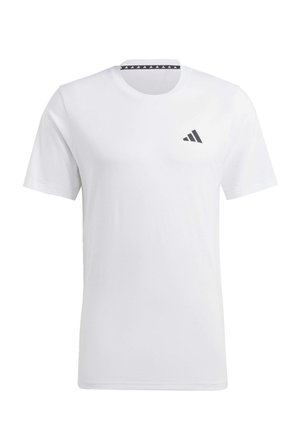 T-shirt blanc à manches courtes en coton, avec un logo Adidas noir sur la poitrine gauche et un collier à motifs. Texture lisse.
